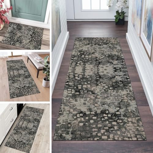 QQrunner Läufer Flur Küche Teppich rutschfest 90x250cm Küchenteppich Abstrakt Vintage Grau Beige Waschbar Meterware Schlafzimmer Korridor Teppichläufer Lang, Länge Anpassbare, 40-120cm Breit