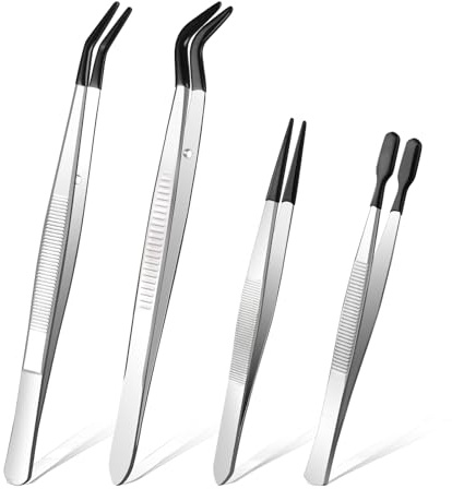 Ainiv Präzisionspinzette, 4PCS Pinzette mit Gummispitzen | Antistatisch Edelstahl Pinzette Inklusive Gerader Spitze Flacher Spitze Langer Gebogener Pinzette für Kunsthandwerk
