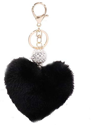 Xsclpomddy Künstliche Kaninchenhaar Flauschigen Liebesherz Pom Pom Schlüsselanhänger Glitzer Kristallstrass Taschen Koffer Rucksäcke Zubehör Charm Auto Schlüsselring für Damen