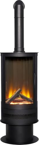 Acantha Orbit Cylinder Electric Stove with Tall Angled Stove Pipe, Black Freestanding Electric Fireplace, LED Dimmable Flame Effect, Realistic Log Fuel Bed, Remote, 7-Day Timer, Thermostat, 1.8kW