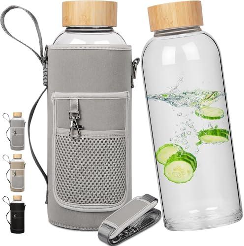 Ferexer Glasflasche 1.5 Liter Sport Borosilikat Trinkflasche Glas Wasserflasche mit Bambus Deckel mit Neoprenhülle 1500 ml / 1.5 L