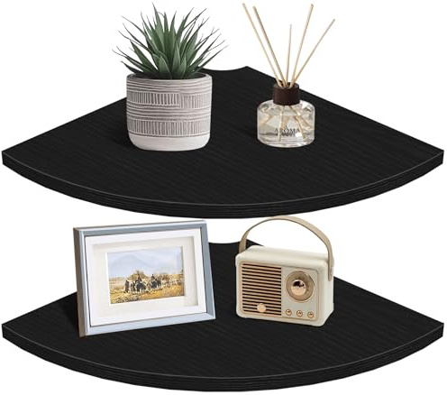 Homode Corner Floating Shelves, 12 Deep Corner Shelves Wall Mounted with Cord Hole, 2 Tier Curved Corner Hanging Shelving for Wall Storage, for Cable Box, TV Cords, Books, Plants, Black