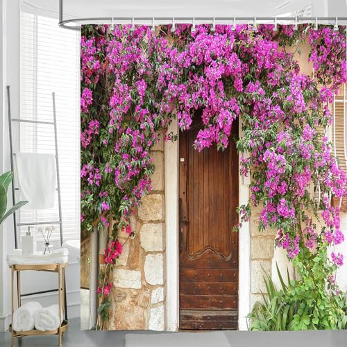 JIANGLANY European Town, tenda da doccia rustica, con fiori primaverili, per esterni, stile fattoria, decorazione per giardino, bagno, impermeabile, in poliestere, con ganci, set di tende da bagno con