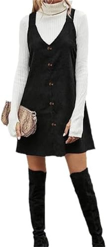Sxett Vielseitiges Cordkleid, V-Ausschnitt, Overall-Kleid, geeignet für modebewusste Frauen, Profis und Studenten, Schwarz, Schwarz , XL-XXL