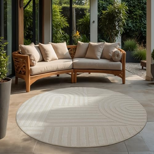 SANAT Berlin Outdoor Teppich Wetterfest - Teppich für den Innen- und Außenbereich - Balkon Teppich Wasserabweisend - Teppiche für Terrasse, Garten, Küche, Bad oder Wohnzimmer - Creme, 150 cm Rund