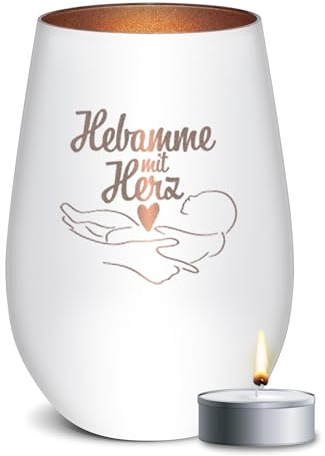 PR Print Royal Weißes Windlicht mit Gravur und Spruch - Hebamme mit Herz - Glas mit Gravur - Geschenke für Hebamme, Dankeschön Geschenk zur Geburt | inkl. Teelicht, 450 ml, Innen Bronze