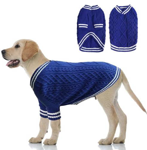 LiebeDD Hundepullover Grosse Hunde, Warm Strickmantel Hundepulli V-Ausschnitt Hunde Pullis Strick Hund Pullover für Französische Bulldogge, Labrador, Deutscher Schäferhund, Dog Sweater (Blau 3XL)