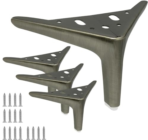 Kyuionty 4 Inch Metal Furniture Legs Set of 4, Triangle Antique Brass | Heavy Duty Iron 2mm, 500 Lbs Per Leg, PP Rubber Floor Pad, Pre-Drilled Screws Included, for Sofa Dresser Cabinet Ottoman