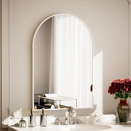 Koonmi Spegel vit 51 × 76 cm dekorativ väggspegel båge halvcirkelformad spegel, vit väggspegel, badrumsspegel med aluminiumram för badrum, hall, vardagsrum, sovrum