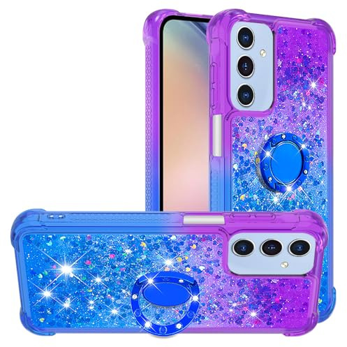 for Samsung A16 Case Galaxy A16 5G Phone Case with Ring Holder Kickstand, Clear Glitter Liquid Floating Silicone Case Sparkle 360 Degree Rotating Bumper Case Cover for Girls Women, Purple & Blue