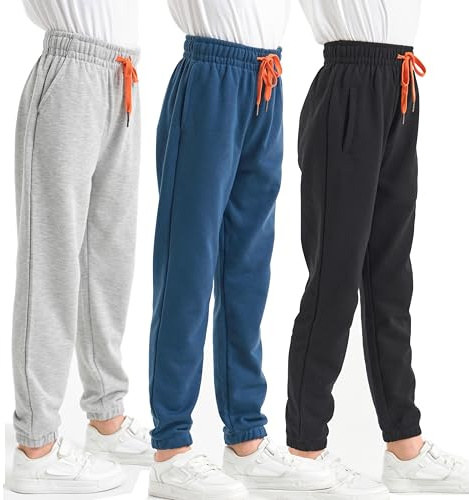 SOIBEEN Mjukisbyxor för pojkar, 3-pack, barn, joggingunderdelar med ficka och dragsko, joggingbyxor för barn, sportbyxor, träningsoverall, yogaleggings storlek 4–14 år, Svart, blå, grå, 9-10 år