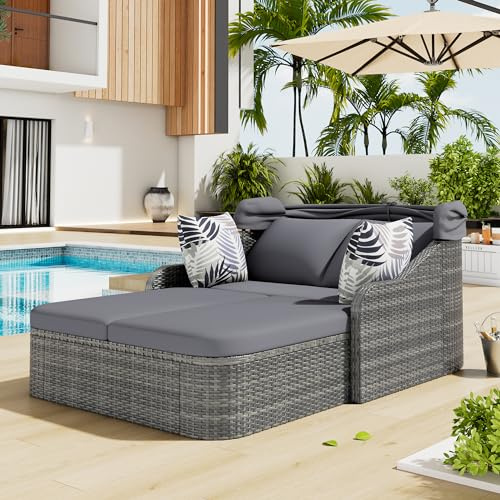 Sonneninsel, Gartenlounge Set, PE-Rattan mit verstellbarem Baldachin, Allwetter-Terrassen-Sonnenliege aus Korbgeflecht, Doppel-Lounge mit 4 Kissen und abnehmbarem Kissenbezug für Garten, Stuhl, Grau