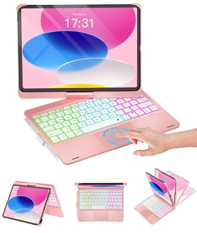 Baisla iPad 10th Generation Case with Keyboard 10.9& iPad 11th(A16) & iPad Air 11 (M4/M3/M2), Multi Trackpad, 360 Swivel&Rainbow Backlit for iPad Air 5th/4th,iPad Pro 11 4th/3rd/2nd/1st-Metallic Pink