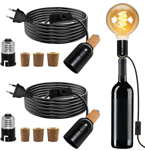 B22 Portalampada per bottiglie, 2 pezzi, 240 cm, cavo E27, con convertitore B22, adattatore per bottiglie, lampada con 3 tappi di sughero, colore nero, lampada da tavolo, kit per diverse bottiglie