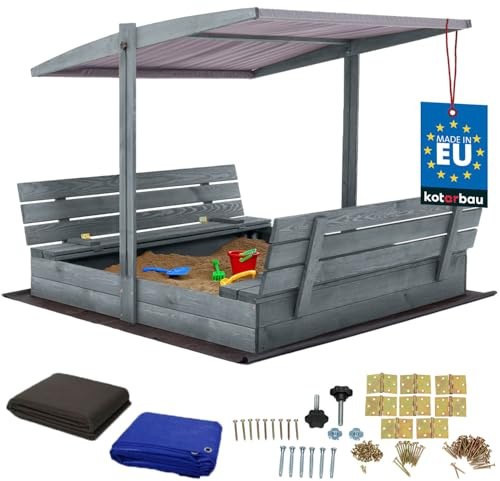 KOTARBAU® Sandlåda i Trä - 140 x 140 cm - Grå - Sandlåda med Lock - Bänkar - för Barn Utomhus - med Grått Tak - med Solskydd och Markduk