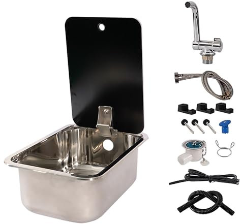 ZGFOZJGC Lavello per Camper, lavello da Cucina in Acciaio Inox, Kit lavello per Camper con Rubinetto Pieghevole e Coperchio, Accessori per Camper, Piano di Lavoro per Esterni (Quadrato)