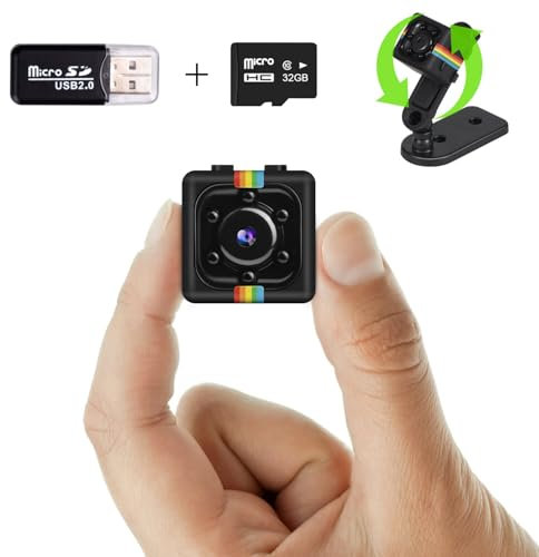 Bextgoo Telecamera Senza Wifi, 1080P Mini Telecamera con Scheda di TF da 32 GB, Visione Notturna, Rilevamento di Movimento, Supporto Rotante a 360°, Micro Telecamera Per Esterna/Interna