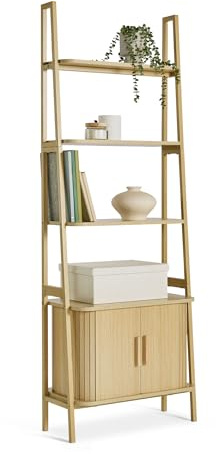 VonHaus Bookcase for Living Room - Tambour Bookshelf with Sliding Doors & Storage - Modern Scandi Look Home office Shelving Unit - Light Wood Effect Slatted Book Case for Hallway - Landos