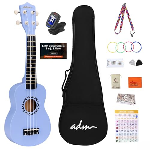 ADM - Conjunto de ukelele soprano para niños y principiantes, kit de inicio de ukelele con bolsa, afinador de pinza, cuerdas arcoíris, correa de colores, púa, pegatinas para el mástil, tarjeta