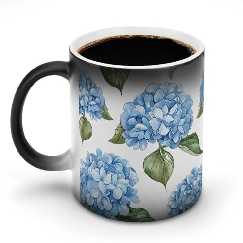 TKJMCSW Coffee Mug 11 Oz Blue Hydrangea Pattern Color Changing Mugs, Heat Changing Coffee Mugs with Handle, Heat Sensitive Magic Mug for Women Men Funny Ceramic Cup for Tea Latte Milk Cocoa