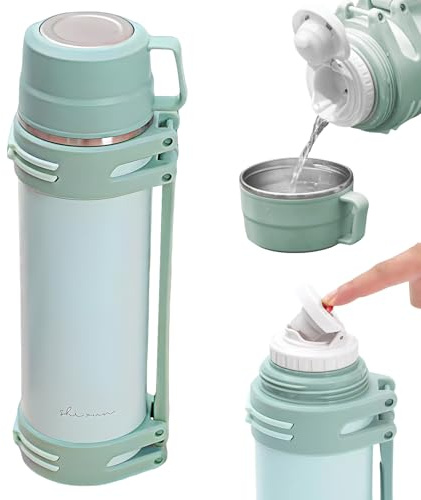 WIYETY 1,5 l termos i rostfritt stål: Läckagesäker stor termos med robust handtag och bärrem, termos kaffe och te för camping eller vandring, 6–24 timmar varmt och svalkande
