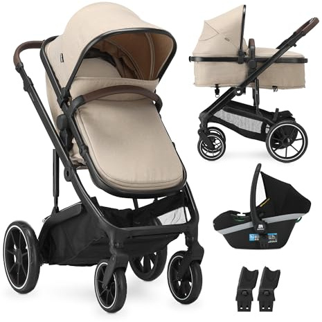 DERYAN Noa - Passeggino combinato 3 in 1, con seggiolino auto, passeggino multifunzione, con lettino, seggiolino sportivo e seggiolino, leggero e pieghevole, Nougat
