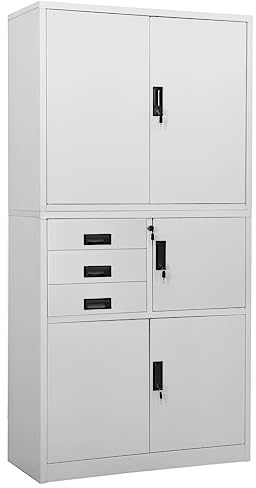 Massbinet Mehrzweckschrank aus Allzweckschrank Aktenschrank Abschließbar Türen und Schloss Büroschrank Modern Werkzeugschrank mit 3 Schubladen Hellgrau 90x40x180 cm