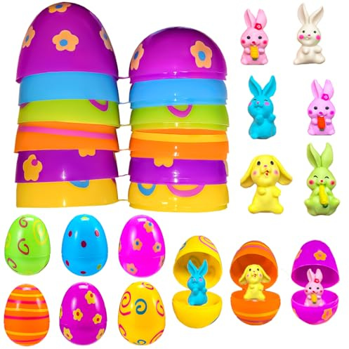 KEELYY Huevos de Pascua para rellenar, 24 huevos de Pascua con 24 minifiguras de conejo, regalos de Pascua para niños, huevos de Pascua rellenables, huevos de Pascua, caza, relleno, relleno, fiesta