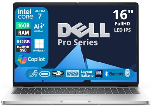 Notebook Dell Processore Intel Core Ultra7 255U 12Core series 2, fino a 5.2GHz, Ram DDR5 16Gb, Display 16 FHD+ IPS, SSD 512Gb, Tastiera Retroilluminata, Fingerprint, Win 11Pro, Doking Station 10-1