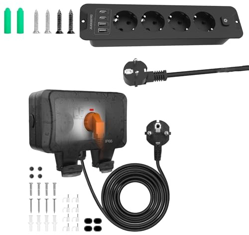 4 Fach Steckdosenleiste Einbausteckdose mit 2 USB C and IP66 Steckdose Aussen Außensteckdose Aufputz 3M