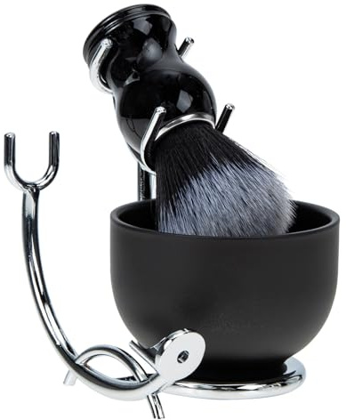 HOMSFOU Kit de Rasage pour Hommes 3 Pièces Pinceau à Raser en Poils Naturels, Bol à Raser en Alliage Métallique Noir et Argenté, Support Stable pour Soin Visage et Entretien Barbe