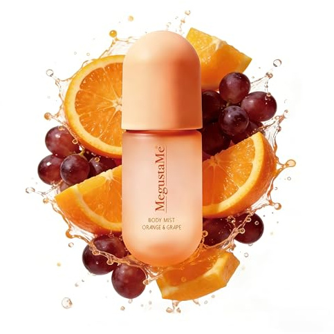 MegustaMe Orange & Grape Body Spray for Women, Long Lasting Citrus Fruits Perfume Mist, Paraben Free Phthalate Free, Lightweight Non-Sticky Gentle Skin Safe Daily Fragrance, Travel Size 3.38 fl oz