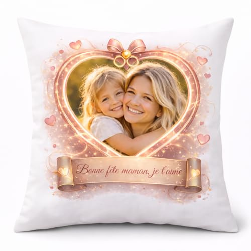 Générique Coussin Personnalisé avec Photo et Message 40x40 cm – Modèle Cœur Rose – Housse Satinée avec Rembourrage – Cadeau Fête des Mères, Fête des Mamies, Anniversaire