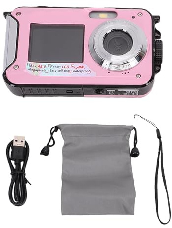 ACOGEDO Fotocamera Digitale Subacquea HD da 48 MP con Risoluzione 2.7K, Schermo Anteriore e Posteriore, Zoom 16x, Registrazione Fino a 60 Minuti, Ideale per Bambini e Adulti Che P