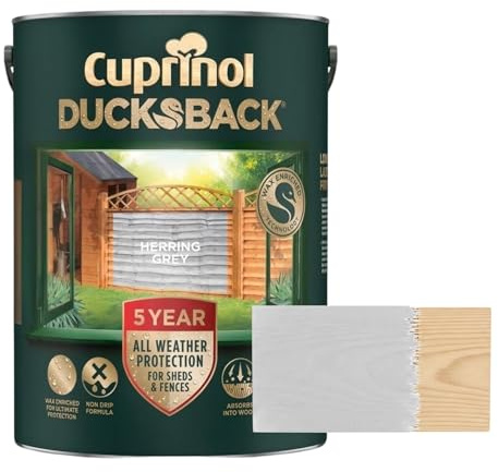 Aruuj 5L Ducksback Paint Herring Grey, Fence Paint Extends Timber Life, Water Repellent Wood Treatment, Painting Shades Protects Against UV, Rain & Frost, Fast Drying Low Odour