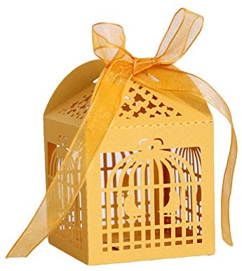 Codulu 50 PCS Hochzeits-Gastgeschenkboxen mit Vogelkäfig,Gold | Gastgeber,Gäste,Party,Babyshower,Geburtstage,Papiermaterial,mit Bändern,flach verpackt,Geschenkbox,Süßigkeitenboxen