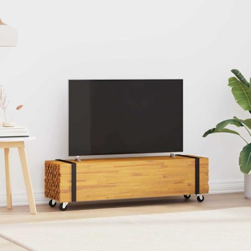 faucqel TV Stand Brown Solid Wood Teak 110 x 30 x 30 cm with Wheels, TV Lowboard and Sideboard Living Room, Practical TV Cabinet and Media Cabinet for HiFi Devices and Decoration