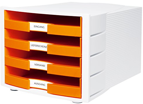 HAN Schubladenbox IMPULS in Orange/Weiß / Stapelbare Sortierablage mit 4 großen, offenen Schubladen für DIN A4/C4 / inkl. Beschriftungsschilder