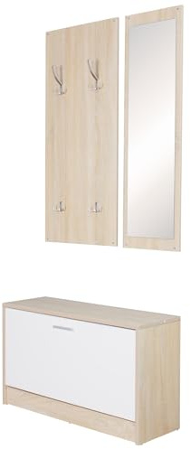 FineBuy Wandgarderobe Salerno 80 cm mit Spiegel und Schuhkipper | Garderobenset schmal, Flurgarderobe mit Paneel, Schuhschrank hinten geschlossen, schützt die Wand