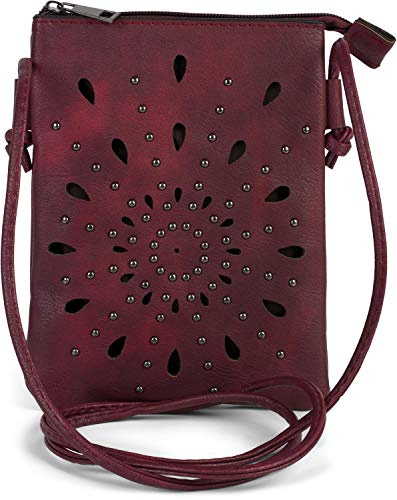 styleBREAKER Damen Mini Bag Umhängetasche mit Cutouts in Ethno Blumen Form und Nieten, Schultertasche, Handtasche, Tasche 02012304, Farbe:Bordeaux-Violett