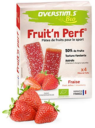 OVERSTIM.s Pates de Fruits Bio pour le Sport (4 Unités) | Fraise | 100% issu de l'agriculture biologique | 50% de fruits bio | Texture moelleuse et savoureuse | Acérola bio