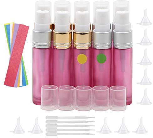 JIUWU Spray Bottle,10 Ml,Perfume Glass Spray Bottles,10 Pack Travel Perfume Bottle Refillable.Mini Small Atomizer,Spray Bottles for Hair eith 10 Funnels and Colourful Logo Stickers