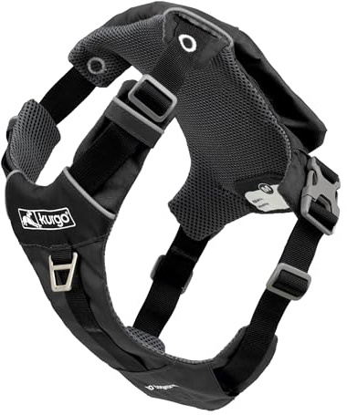 Kurgo Stash n' Dash Hundegeschirr, leichtes Westengeschirr für Hunde, Haustiergeschirr mit Tasche, faltet Sich in eine Tasche, zum Laufen, Wandern, reflektierend, Schwarz (Medium)