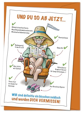 Freche Karte zur Rente für Kollegin, XXL Grußkarte (DIN A4) mit Umschlag | Lustige Grußkarte zum Abschied einer Kollegin in Ruhestand, Pensionierung, Verabschiedungskarte für künftige Rentnerin
