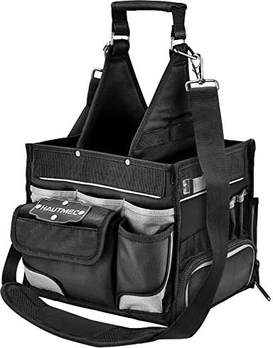 HAUTMEC Werkzeugtasche für Elektriker mit Kleinteilebox, 11 Zoll Profi-Tool Tote mit 37 Taschen, offenes Design, wasserdicht, verstärkter Boden, inkl. Schultergurt & Zusatzfach, HT0174