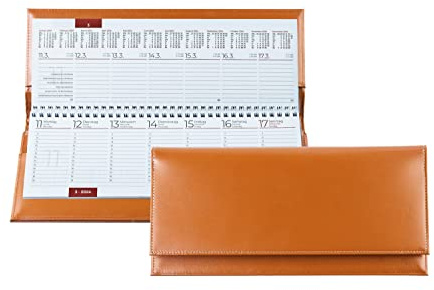 DELMON VARONE - Tischquerkalender 2027 Cambridge Top Grain Leder Braun - Tischkalender Quer 1 Woche auf 2 Seiten - Echtleder Wochenplaner Kalender - Büro & Schreibtisch Wochenkalender Organizer