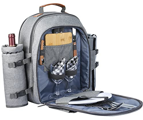 Sunflora Mochila Picnic 2 Personas para Picnic, Cesta Picnic con Manta de Picnic Isotérmica y Compartimiento Desmontable y Botella Titular de Vino de Camping Blosa Picnic(Gris)