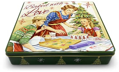 MediMuc Scatola in Latta per Biscotti con Scritta “Baked with Love” in Stile retrò con Molti Dettagli, per Uso Alimentare, Colore Verde
