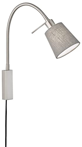 Fischer & Honsel flex, Bettleuchte, Wolke | nickelfarben| matt| Stoffschirm| grau Leinen/innen weiß| B: 11,00 cm, H: 40,00 cm,| Ausladung Wand: 35,00 cm| mit Schnurschalter| 1x E14 max. 10,0W