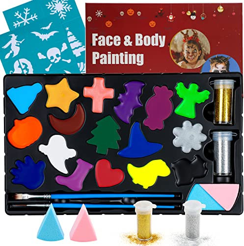 FLYISH DIRECT Set trucco per bambini, trucco professionale per bambini, trucco per bambini 17 colori con 14 stencil, 2 pennelli, 2 spugne per Halloween, carnevale, Natale